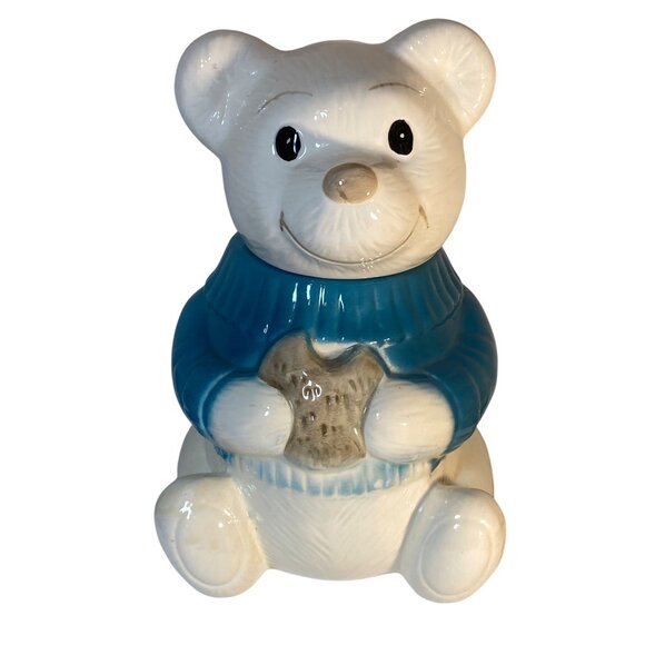 Welcome Cookie Jar Ceramic White Teddy Bear Blue Sweater Cookie Taiwan VTG - Picture 2 of 13